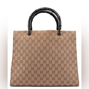 Gucci VINTAGE Tom Ford 1990s Bamboo GG Monogram Canvas Tan Tote Bag